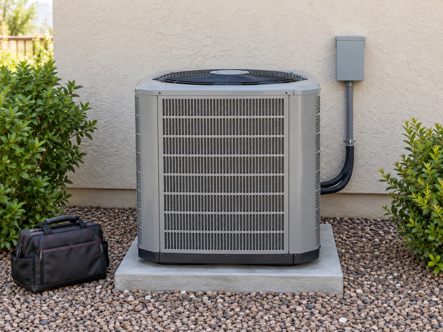 Outdoor air-conditioning unit with a tool bag, illustrating AC repair